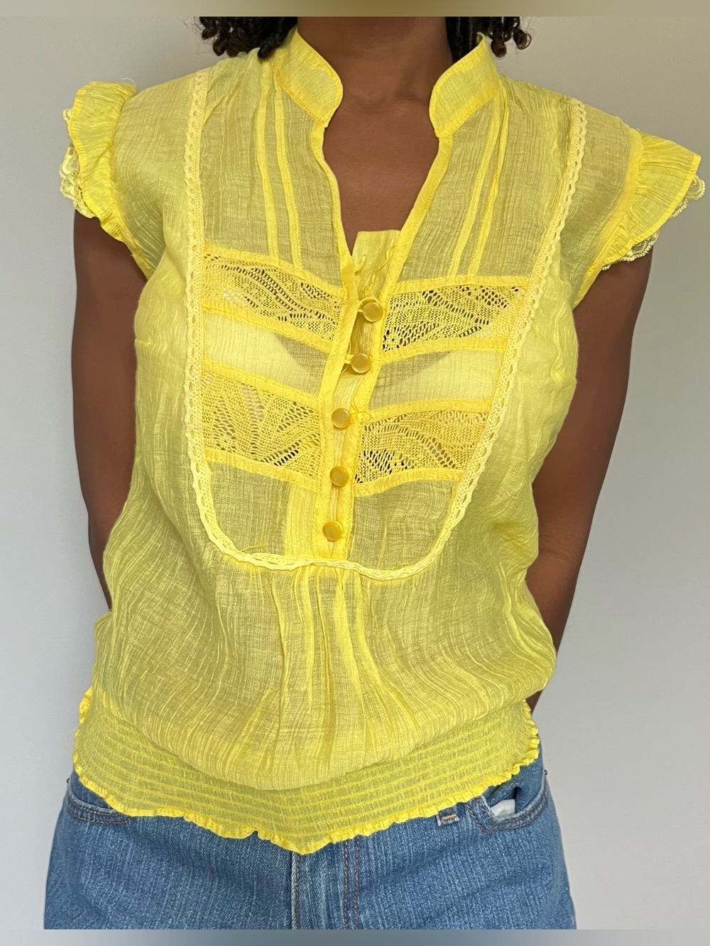 Yellow sheer peasant babydoll top with cinched waist